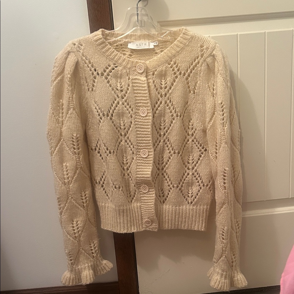 Astr Cream Openwork Diamond Lace Button-Up Cardigan